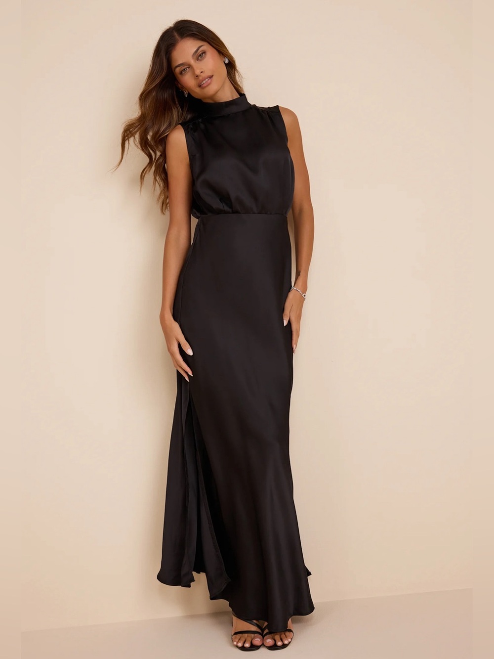 Lulus Classic Elegance Black Satin Sleeveless Mock Neck Maxi Dress Size 2X NWT